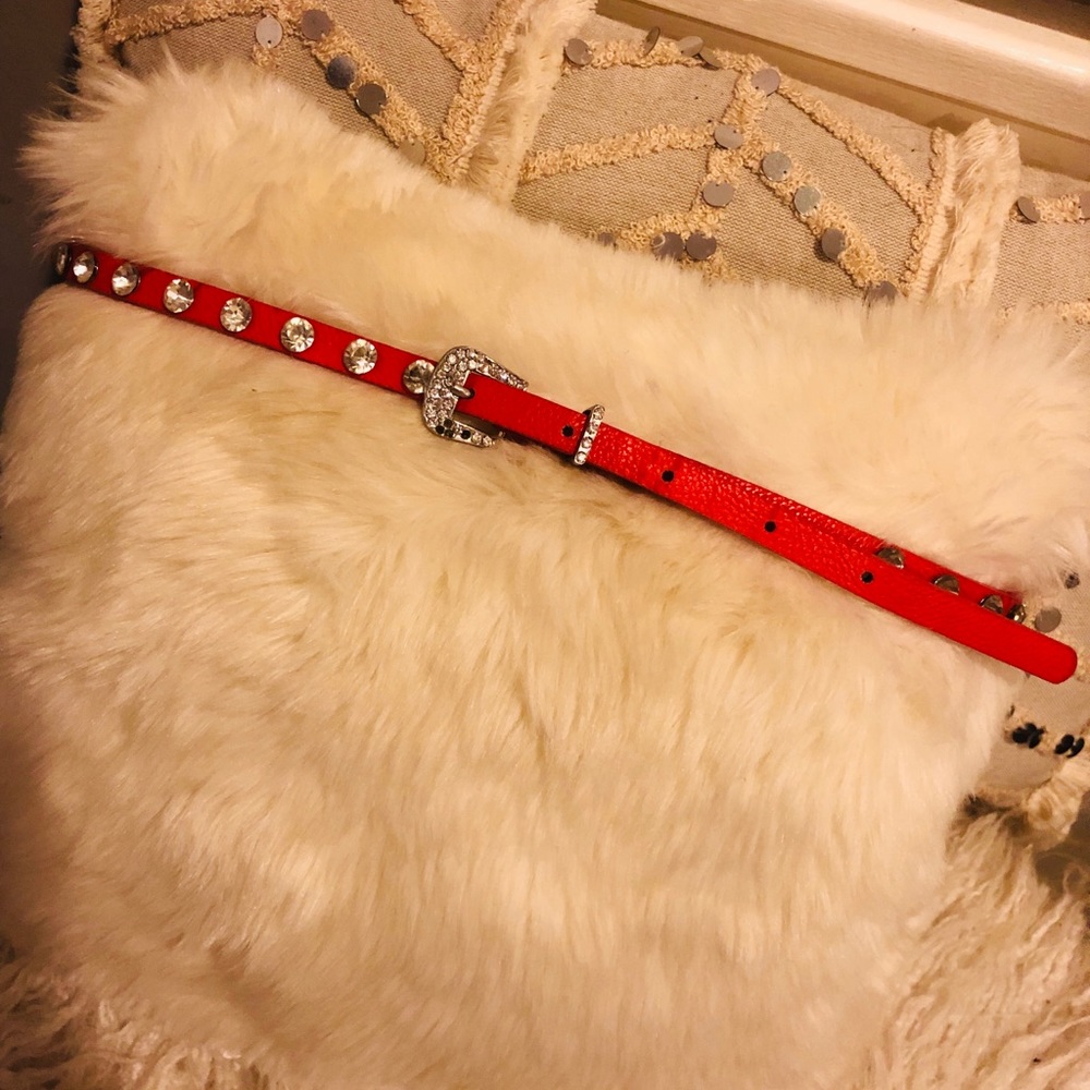 Cute Red Silver Bejeweled Buckle Belt